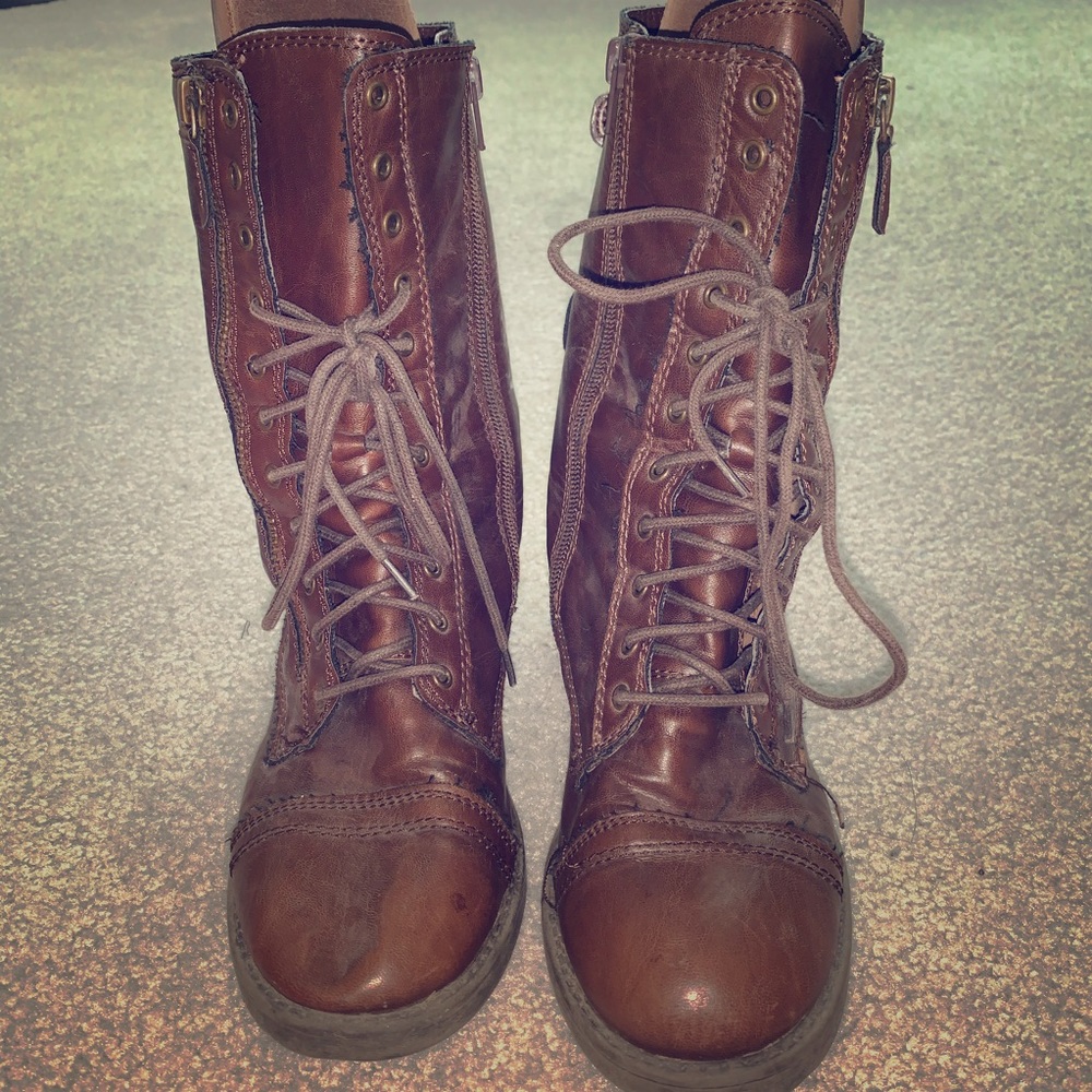 Brown Faux Leather Combat Boots